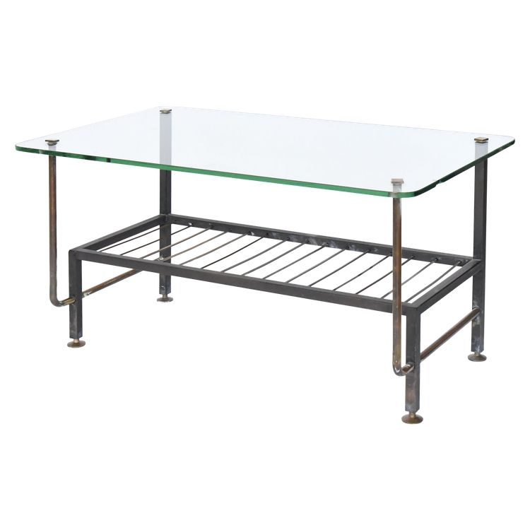 Table basse en métal et plateau verre dans le goût de Pierre Guariche