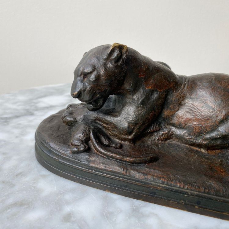 Leonessa in bronzo di Edouard Delabrièrre con patina marrone