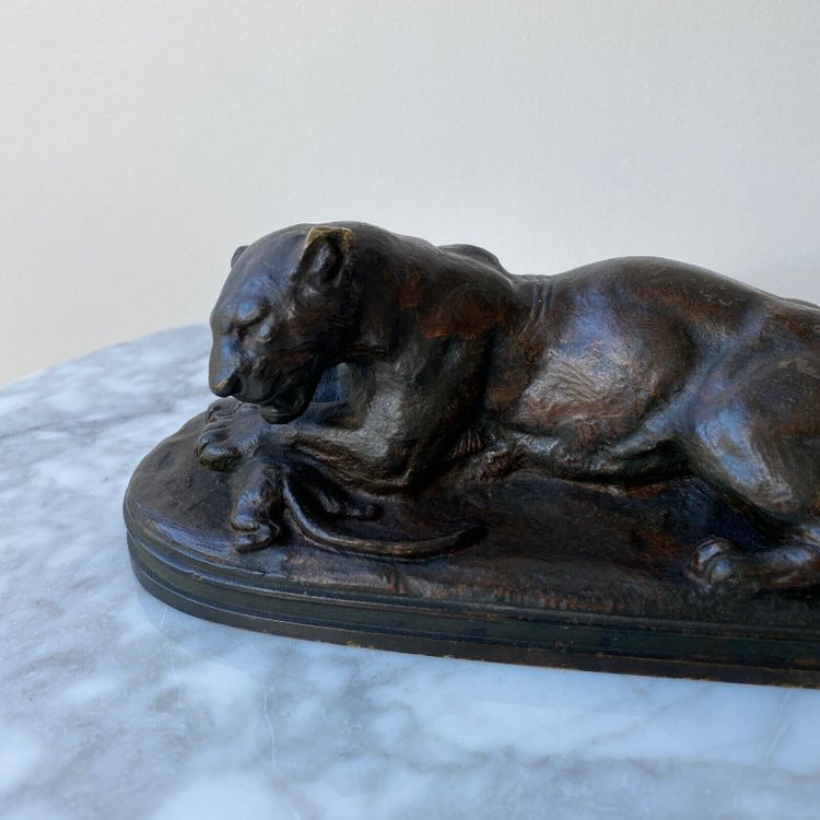 Leonessa in bronzo di Edouard Delabrièrre con patina marrone