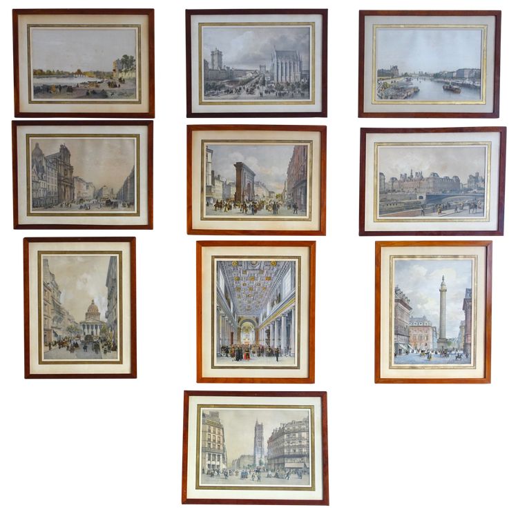 Les monuments de Paris : suite de 10 gravures colorisées d'époque Napoléon III - cadres en acajou