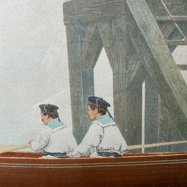 Incisione a colori di marinai e di un'elegante donna del XIX secolo