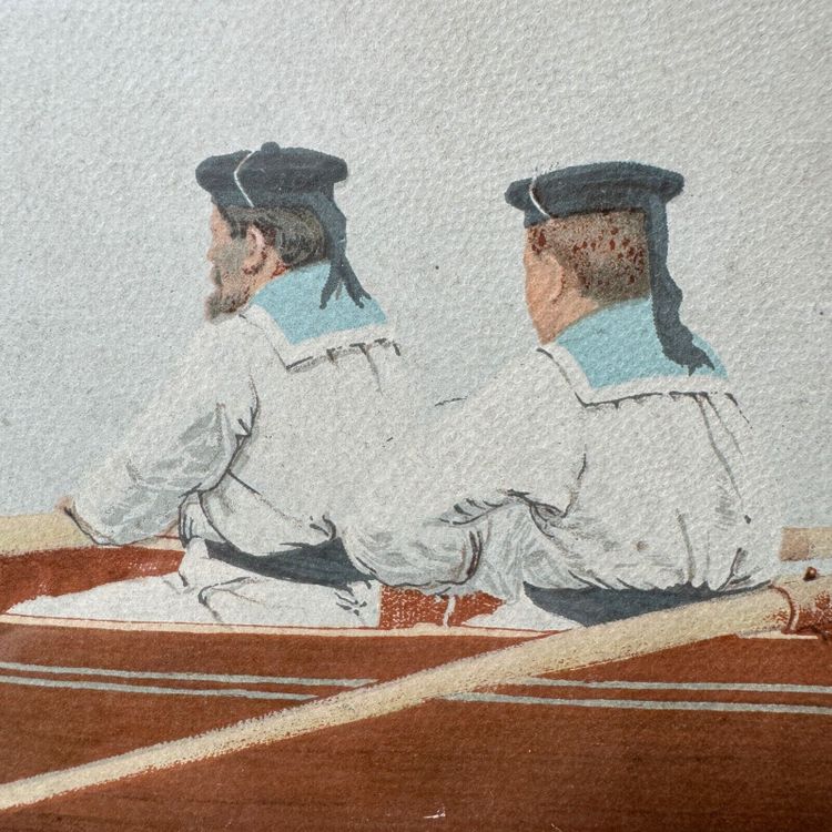 Incisione a colori di marinai e di un'elegante donna del XIX secolo
