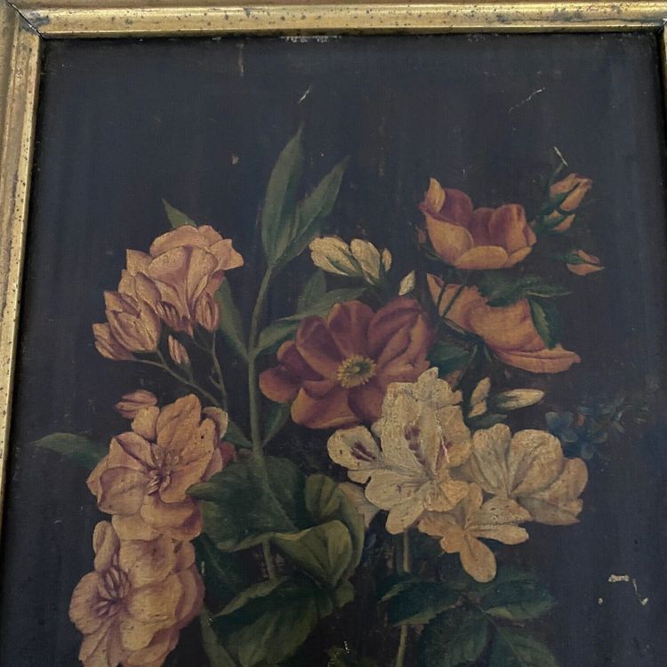 Coppia di nature morte in olio su tavola, fine XIX secolo, mazzi di fiori