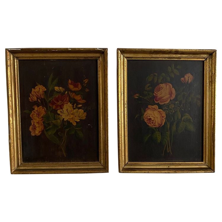 Coppia di nature morte in olio su tavola, fine XIX secolo, mazzi di fiori