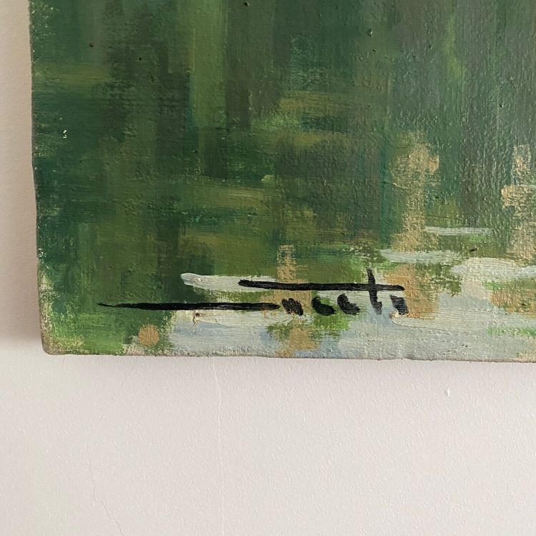 Huile sur toile XXe péniche sur les bords de l'Erdre Nantes