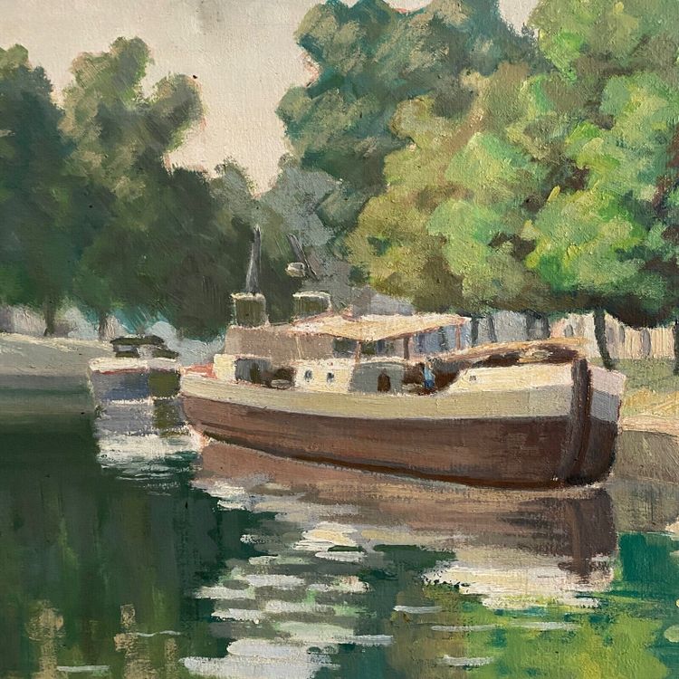 Huile sur toile XXe péniche sur les bords de l'Erdre Nantes