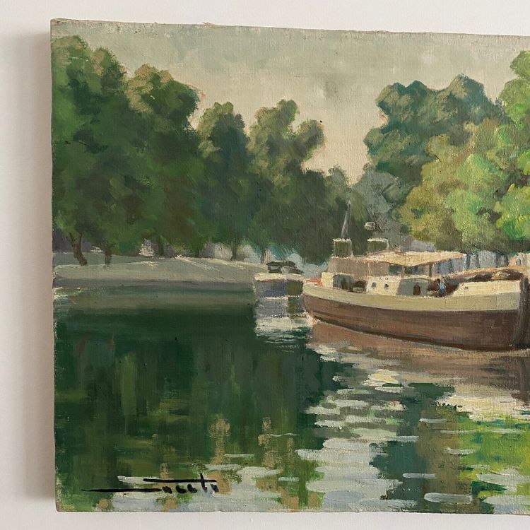 Huile sur toile XXe péniche sur les bords de l'Erdre Nantes