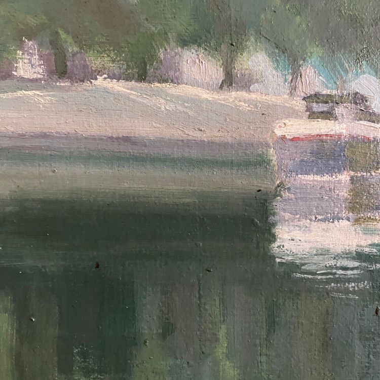 Huile sur toile XXe péniche sur les bords de l'Erdre Nantes