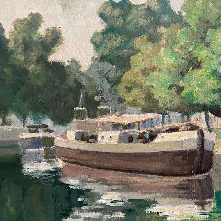 Huile sur toile XXe péniche sur les bords de l'Erdre Nantes