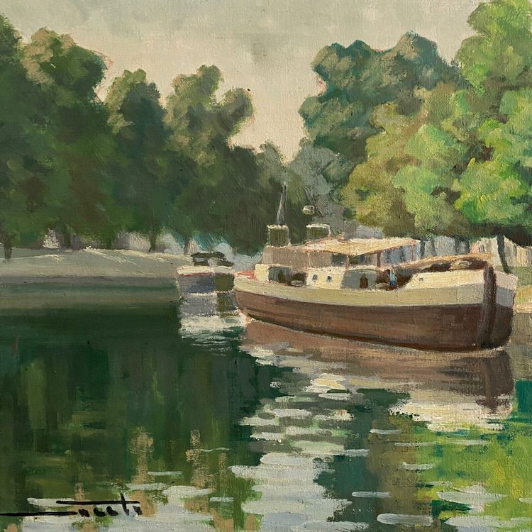 Huile sur toile XXe péniche sur les bords de l'Erdre Nantes