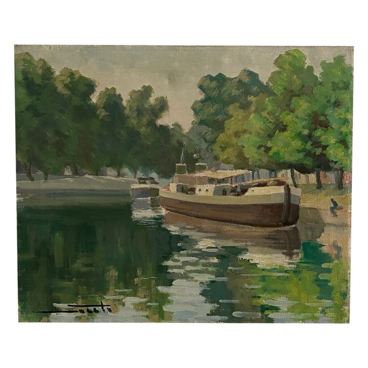 Huile sur toile XXe péniche sur les bords de l'Erdre Nantes