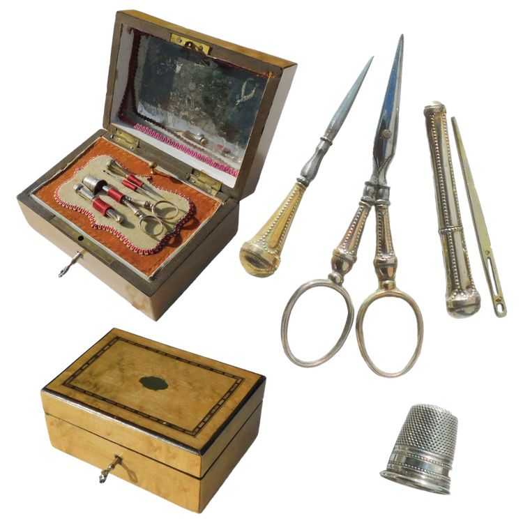 Small Box Sewing Kit Silver Vermeil Embroidery Scissors Thimble Case Needles