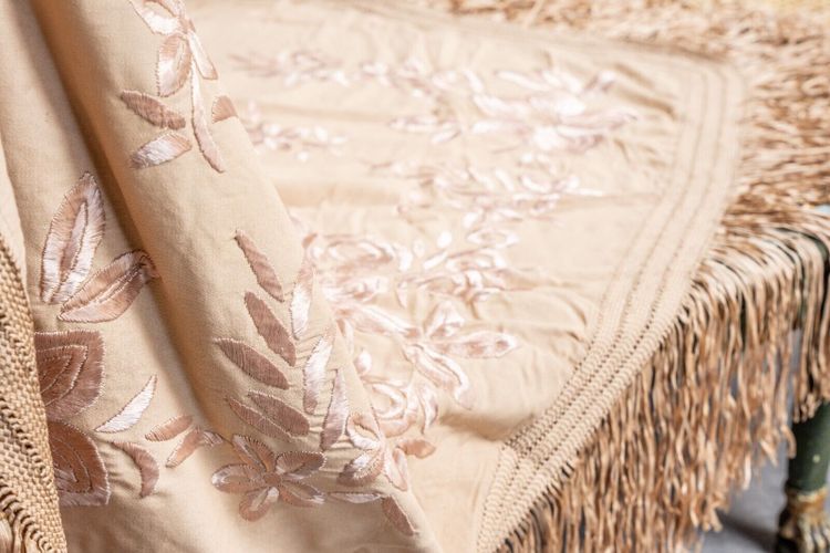 19th-century embroidered tablecloth or shawl with floral and fringe decoration