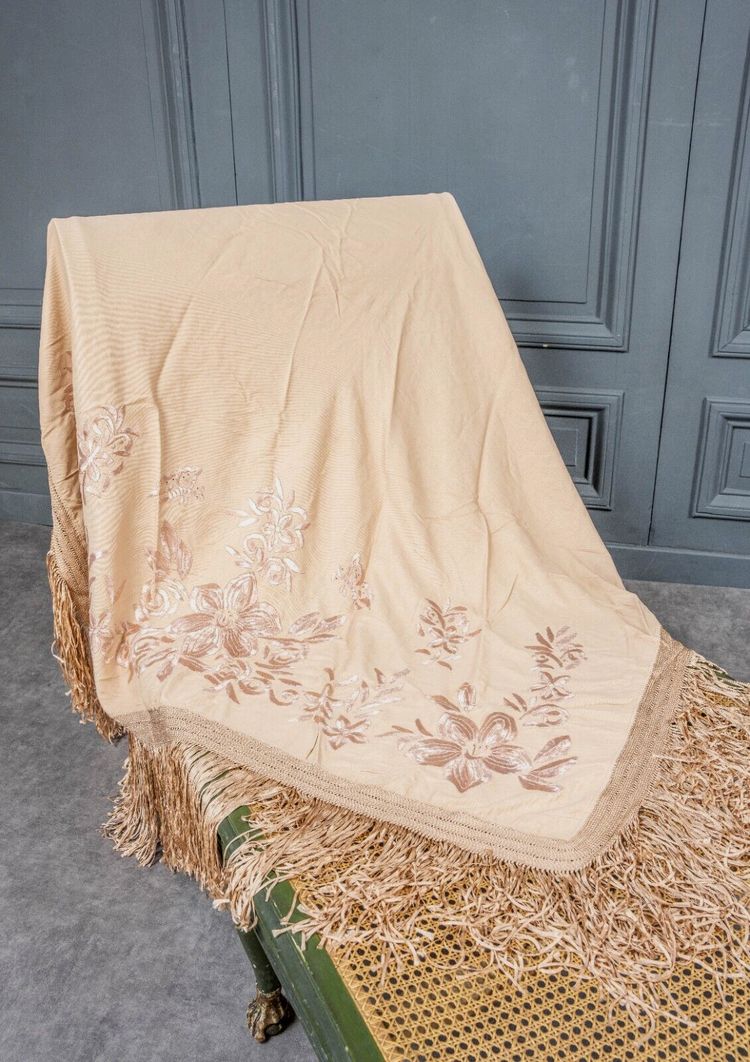 19th-century embroidered tablecloth or shawl with floral and fringe decoration