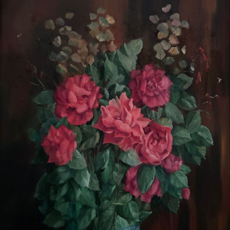 Oil on wood still life bouquet of roses XXth by Mauboussin