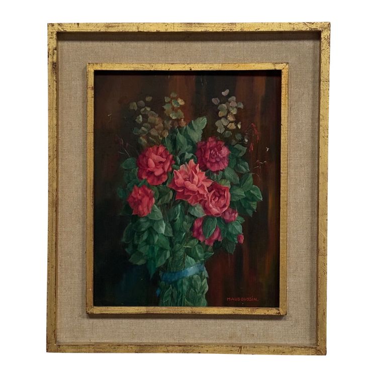 Oil on wood still life bouquet of roses XXth by Mauboussin
