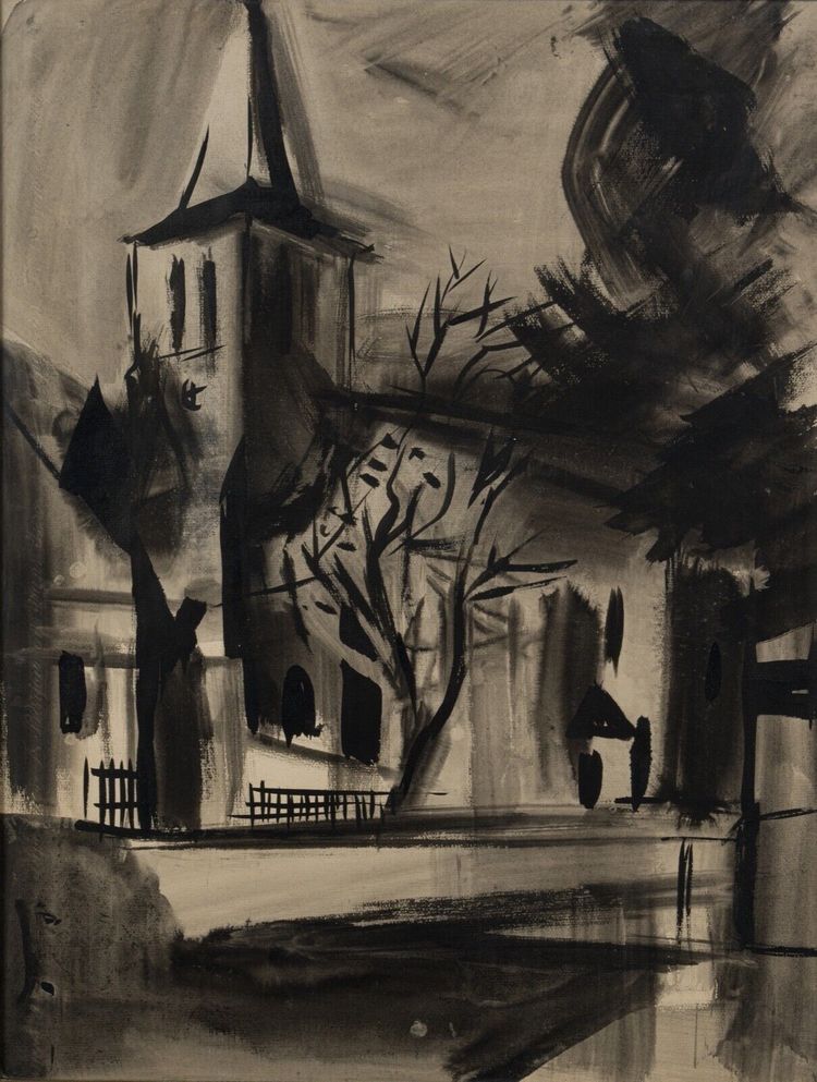 Encre fusain sur papier XXe paysage avec église 1950