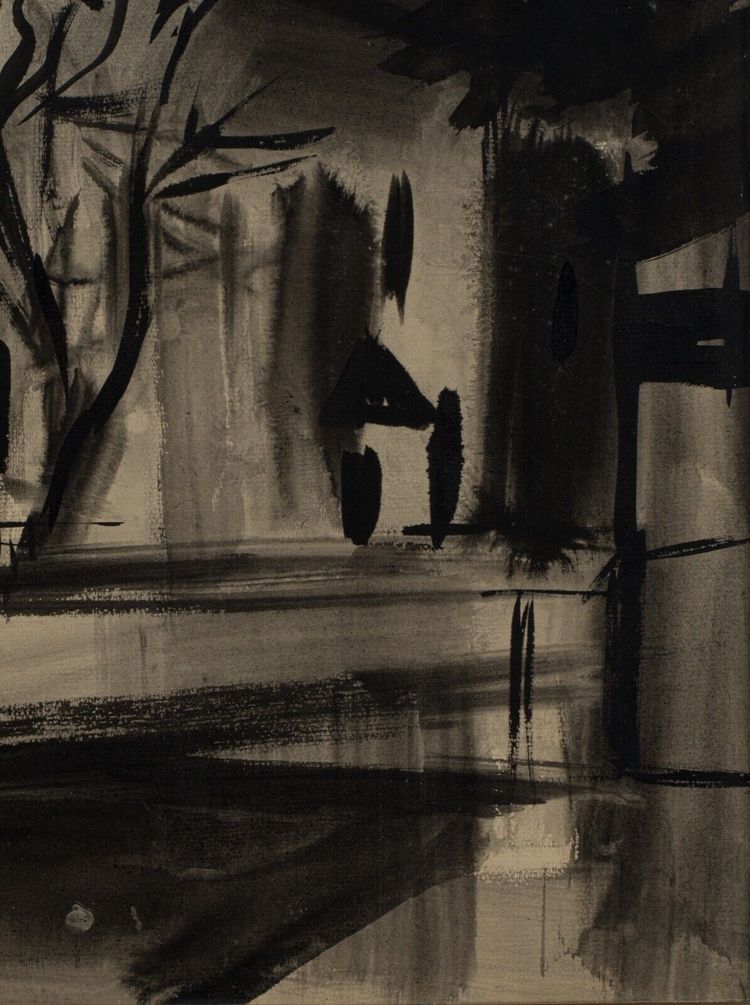 Encre fusain sur papier XXe paysage avec église 1950