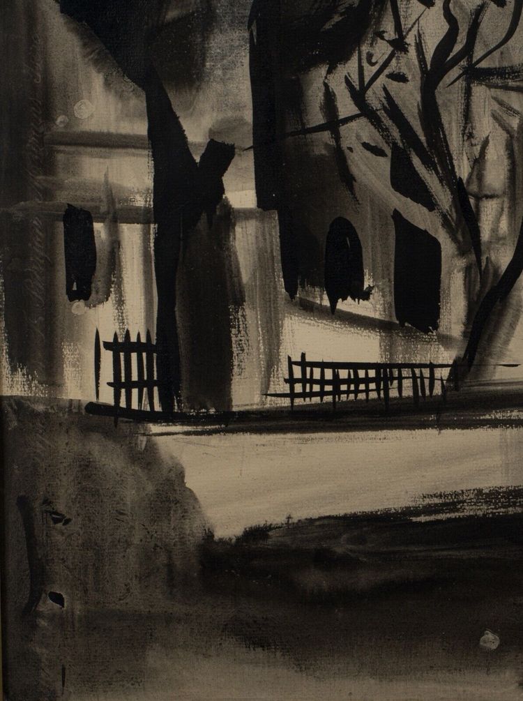Encre fusain sur papier XXe paysage avec église 1950