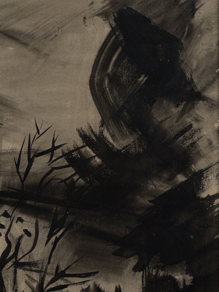 Encre fusain sur papier XXe paysage avec église 1950