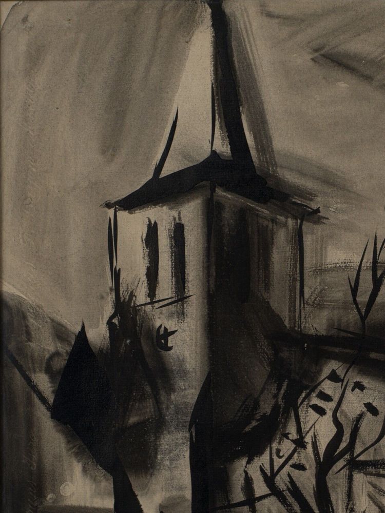 Encre fusain sur papier XXe paysage avec église 1950