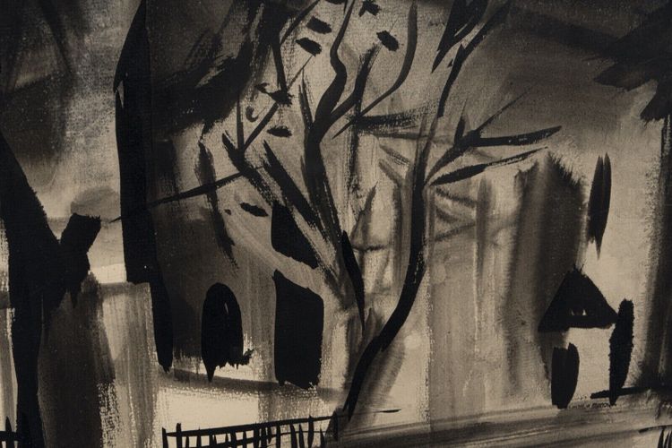 Encre fusain sur papier XXe paysage avec église 1950