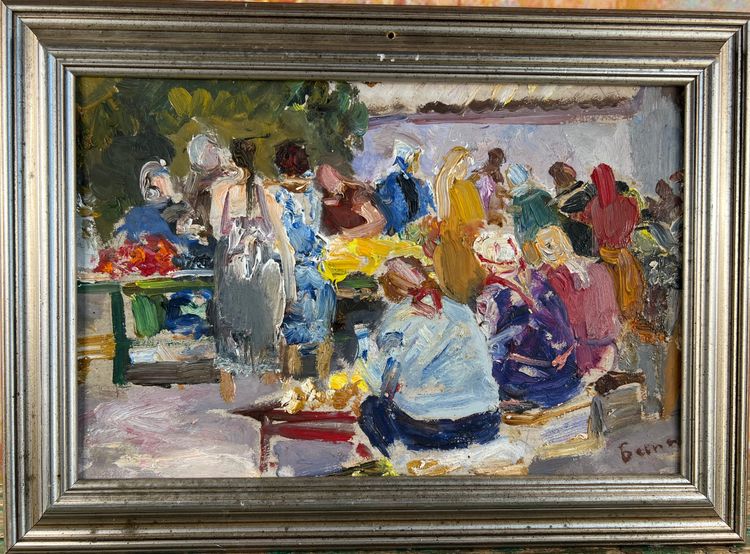 Gemälde - Marktszene in Mourom, 1981 - Öl auf Isorel signiert Besperstov