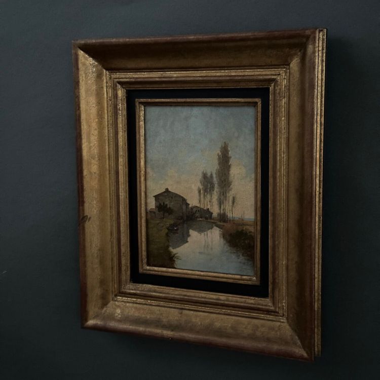 Oil on cardboard by Paul Faugier riverside landscape with poplars