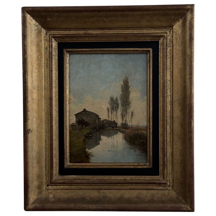 Oil on cardboard by Paul Faugier riverside landscape with poplars