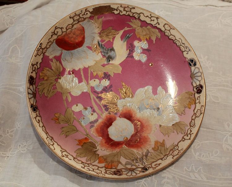 Satsuma Faience Plate with Flower and Bird Design, Japan, Meiji period, Late 19th Century