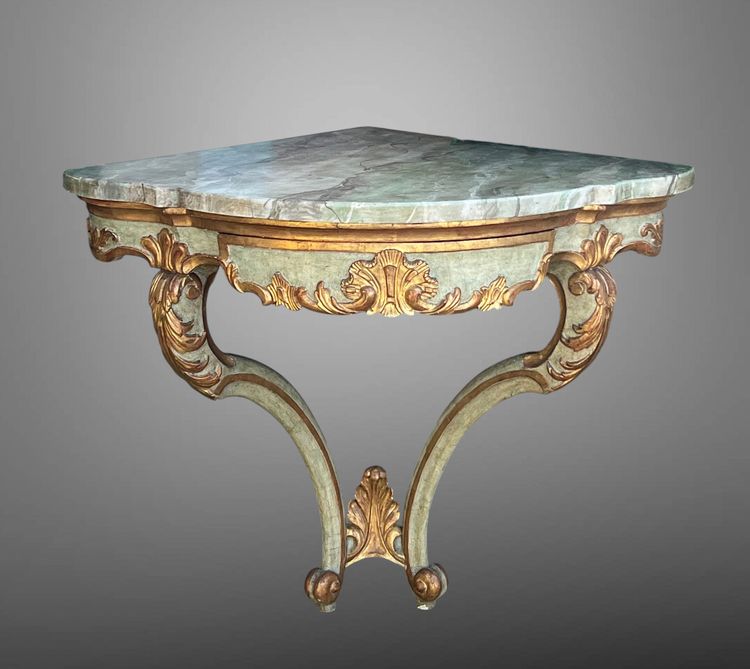 CONSOLE D ANGLE DU XIXe DE STYLE LOUIS XV PEINTE ET DORÉE AVEC DESSUS BOIS