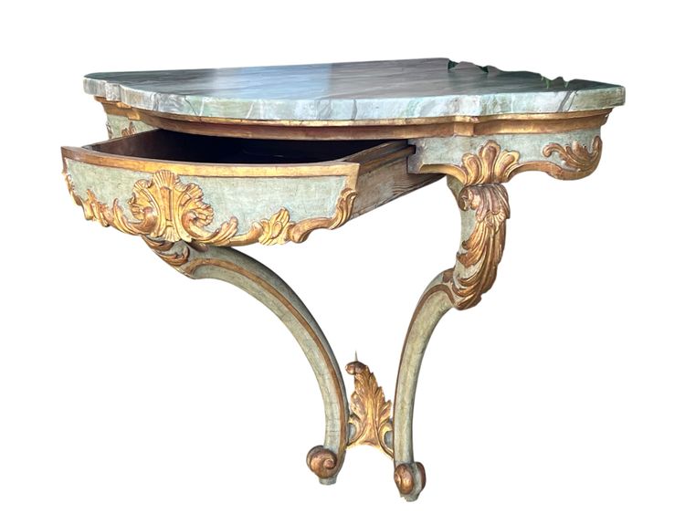 CONSOLE D ANGLE DU XIXe DE STYLE LOUIS XV PEINTE ET DORÉE AVEC DESSUS BOIS