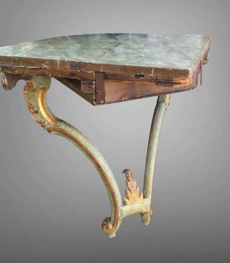 CONSOLE D ANGLE DU XIXe DE STYLE LOUIS XV PEINTE ET DORÉE AVEC DESSUS BOIS