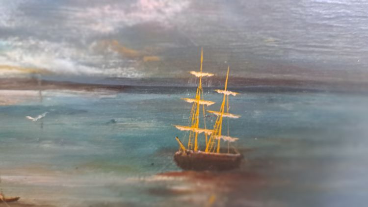 Dipinto olio su tavola Barche a vela e lontano firmato Van-Erch