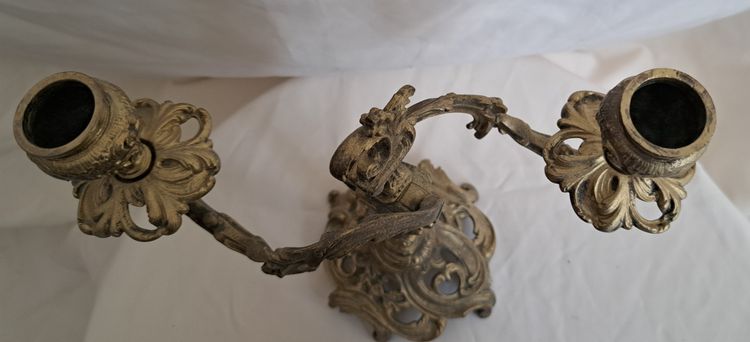 Pair of double candlesticks in chased and gilded bronze with Louis XV style decorations