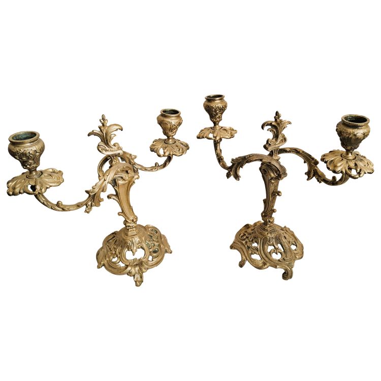 Pair of double candlesticks in chased and gilded bronze with Louis XV style decorations